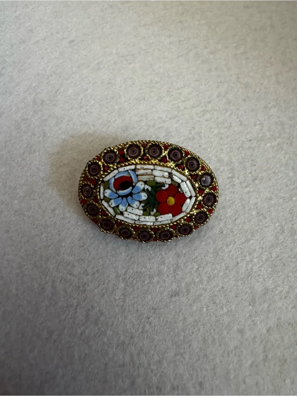 Vintage Artisan Mosaic Floral Inlay Oval Brooch - Red, Blue, White
